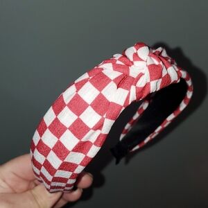 New handmade boutique checkered top knot flexible wide headband red/white